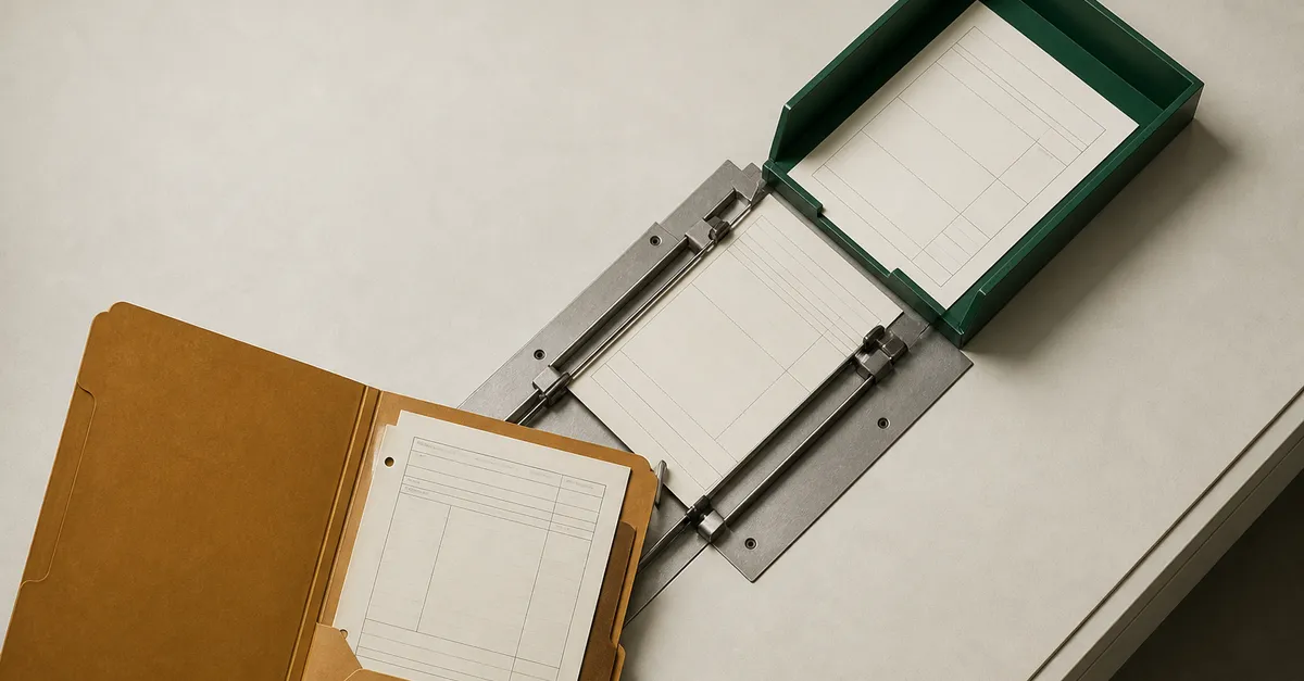 Worked example: an ochre refused record passes through the current policy gate before reaching the green admitted tray.